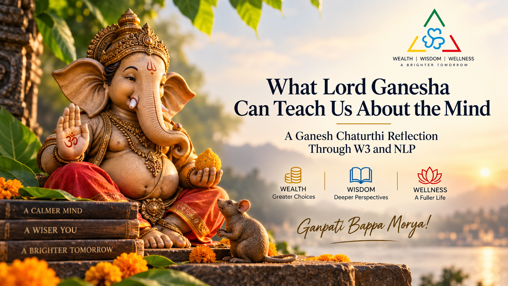 Lord Ganesha with W3 Wealth Wisdom Wellness theme for a Ganesh Chaturthi reflection on NLP