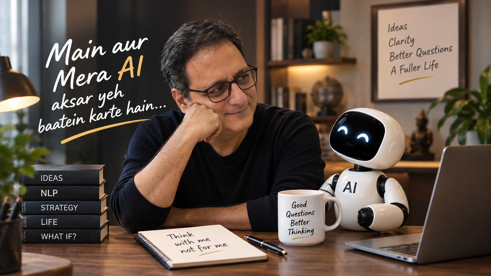 Dr Mehernosh Randeria in conversation with a friendly AI robot, illustrating AI as a thinking partner